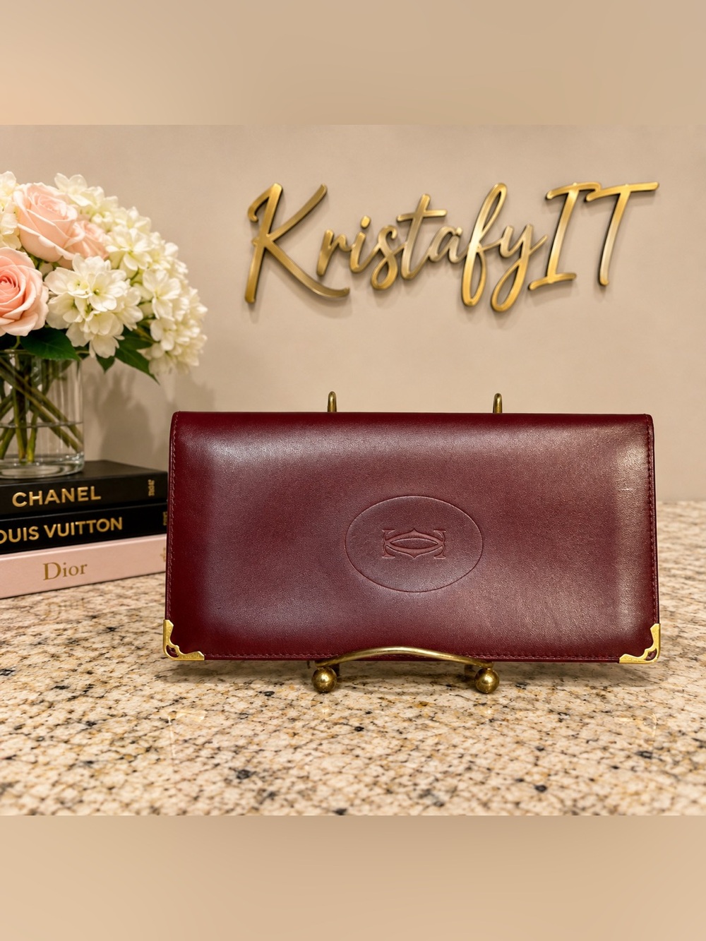 Vintage Must de Cartier Bordeaux Burgundy Leather Long Wallet Gold Corners